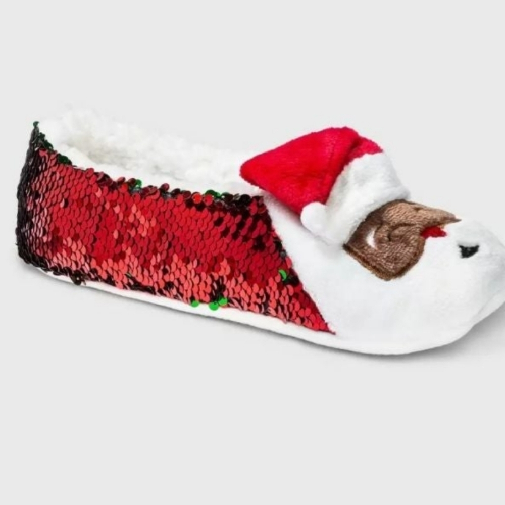 NEW! African American Santa Christmas Pull-On Slipper Socks with Flip Sequins